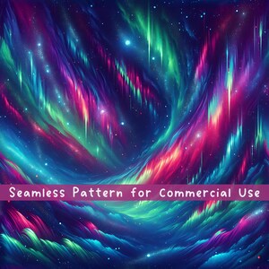 Könnte beinhalten: Ein nahtloses Muster mit leuchtenden Streifen in Neonpink, Elektroblau und hellem Grün vor einem dunkelblauen Hintergrund, das an ein Polarlicht erinnert. Der Text Seamless Pattern for Commercial Use ist horizontal zentriert.