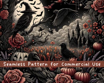 Motivo senza cuciture Dark Raven, design per sublimazione di Halloween, estetica cottagecore scura, rose gotiche, luna stregata, Halloween, file digitale ripetuto