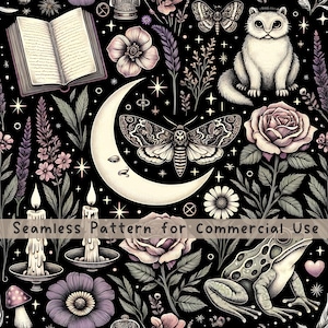 Dark Academia Seamless Pattern Mushroom Seamless Pattern Fabric Pattern Night Garden Pattern Commercial License Cottagecore PNG Mystic Cat