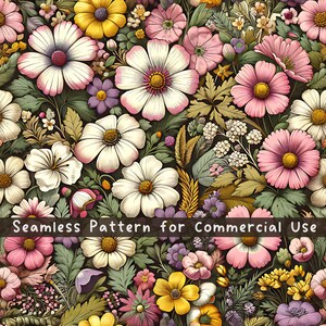 Patrón floral sin costuras, botánico, flores silvestres, vintage, patrón digital, descarga instantánea, scrapbooking, uso comercial, sublimación, POD