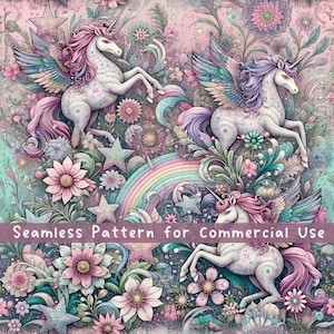 Unicorn Seamless pattern Mystic Creatures Seamless Pattern Fabric PNG Repeat Pattern Commercial License Fabric Design Unicorn PNG Whimsical