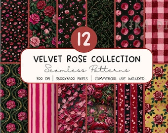 Velvet Rose Seamless Pattern Bundle, Floral Gingham Gothic Digital Paper PNG,  Sublimation Design, Repeat Pattern Digital Download