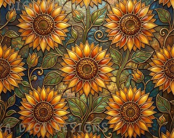 Glass Sunflowers Seamless Pattern Repeat Fabric Pattern Digital Paper Sublimation Design for Scrapbooking Digital Download PNG Floral