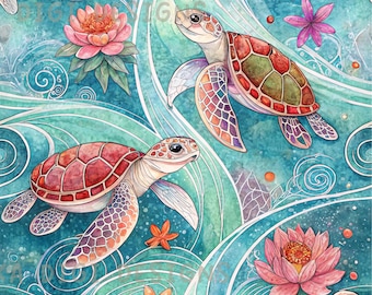 Under the Sea Turtles Seamless Pattern Repeat Fabric Pattern Digital Paper Sublimation Design for Scrapbooking Digital Download PNG Hibiscus