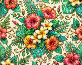 Glass Hibiscus Seamless Pattern Repeat Fabric Pattern Digital Paper Sublimation Design for Scrapbooking Digital Download PNG Tropical Flower
