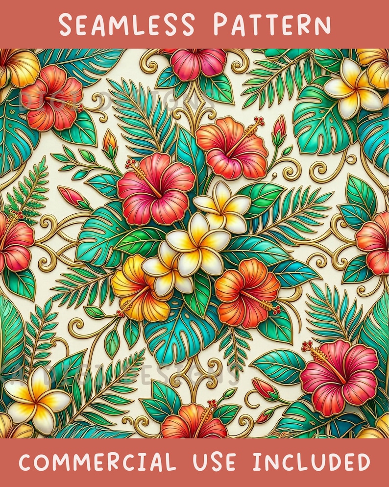 Glass Hibiscus Seamless Pattern Repeat Fabric Pattern Digital Paper ...