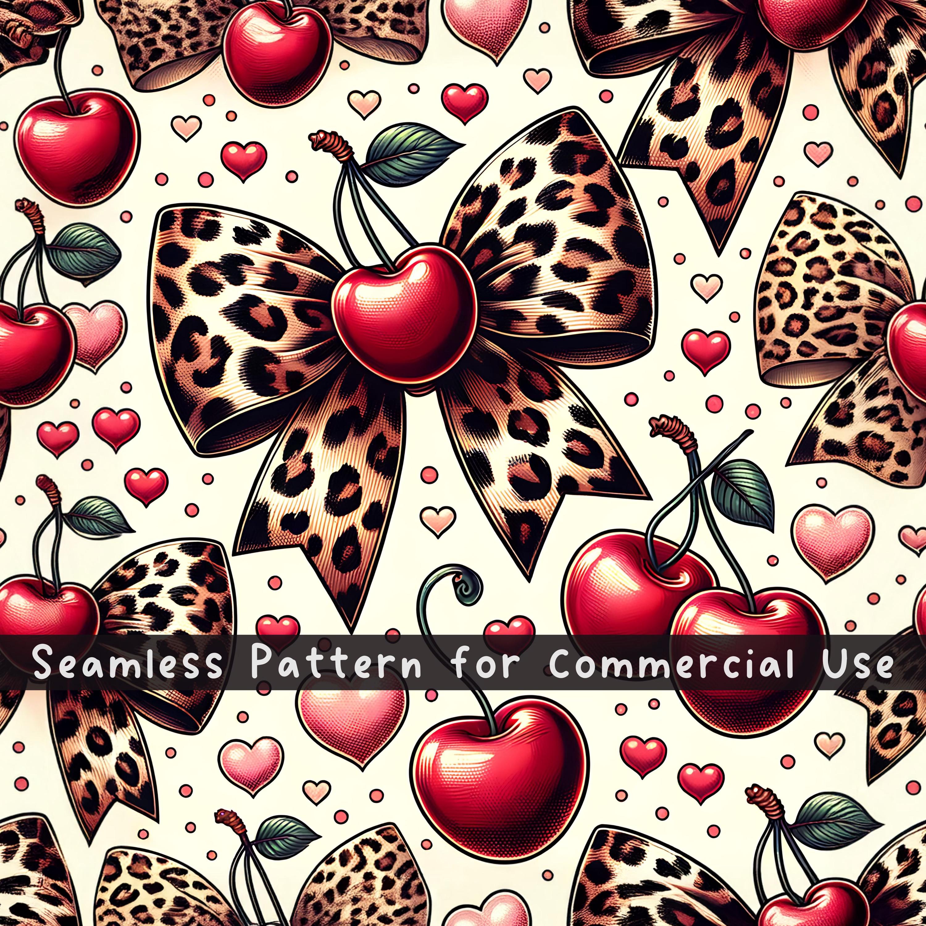 Leopard Bows Seamless pattern Cherry Bows Repeating Pattern Commercial Use Leopard Design Coquette Cute Hearts Sublimation digital png