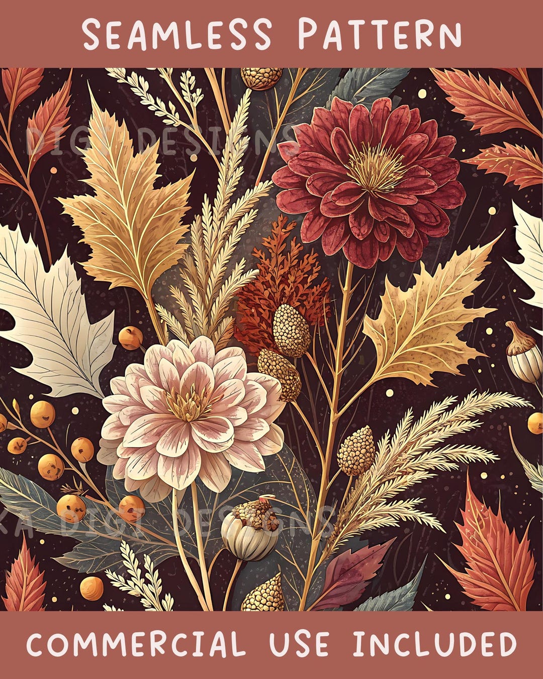 Dark Fall Floral Seamless Pattern Repeat Fabric Pattern Digital Paper ...