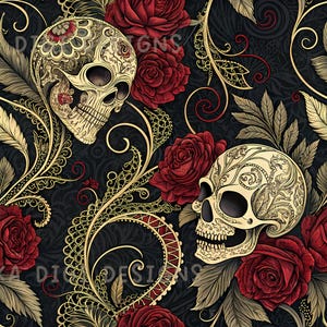 Mörk skalle och röda rosor sömlöst mönster upprepa tygmönster digitalt papper sublimeringsdesign för scrapbooking digital nedladdning PNG