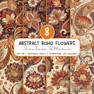 Op de afbeelding: Een collectie van acht naadloze digitale patronen met bloemen- en paisley-motieven in tinten donkerrood, oranje en crème. De centrale tekst luidt 8 ABSTRACT BOHO FLOWERS Seamless Patterns 300 DPI 3600x3600 PIXELS COMMERCIAL USE INCLUDED.