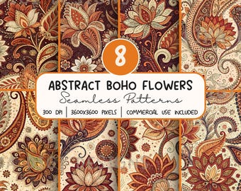 Abstract Boho Flowers Seamless Pattern Bundle, Floral Digital Paper PNG,  Sublimation Design, Repeat Pattern Digital Download