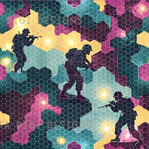 May include: Seamless pattern design featuring silhouettes of soldiers in action, set against a backdrop of hexagonal shapes in teal, pink, yellow, and purple. The text "SEAMLESS PATTERN" and "COMMERCIAL USE INCLUDED" are displayed.