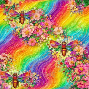 以下が含まれることがあります： 虹色の羽と金色の体を持つ3匹のハチが、ピンクと黄色の花々に囲まれたシームレスパターン。背景はキラキラした質感の虹色の波線で構成されています。テキストには「SEAMLESS PATTERN」および「COMMERCIAL USE INCLUDED」と書かれています。