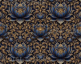 Blue Gold Lotus Damask Seamless Pattern Repeat Floral Fabric Pattern Digital Paper Sublimation Design for Scrapbooking Digital Download PNG