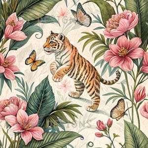 May include: A seamless pattern featuring a tiger cub amidst pink flowers, green leaves, and butterflies. The design includes the text "SEAMLESS PATTERN" at the top and "COMMERCIAL USE INCLUDED" at the bottom. The color palette is soft, with a cream background.