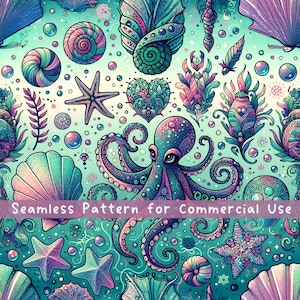 Sea Creatures Seamless pattern Oktopus Seamless Pattern Fabric PNG Rapportmuster Kommerzielle Lizenz Stoffdesign Dark Ocean Creatures PNG