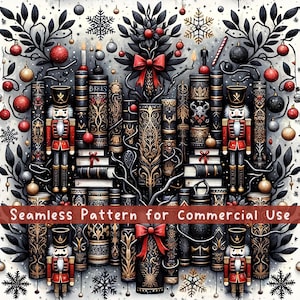 Weihnachten Nussknacker Bookish Nahtlose Muster Buchliebhaber Sublimation Design Bibliothek Geschenk Gothic Skandinavische Weihnachten PNG Stoffmuster