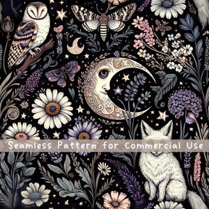 Moon Seamless pattern White Fox Seamless Pattern Fabric Pattern Night Garden Pattern Owl Design Dark Cottagecore PNG Mystic Forest Creatures