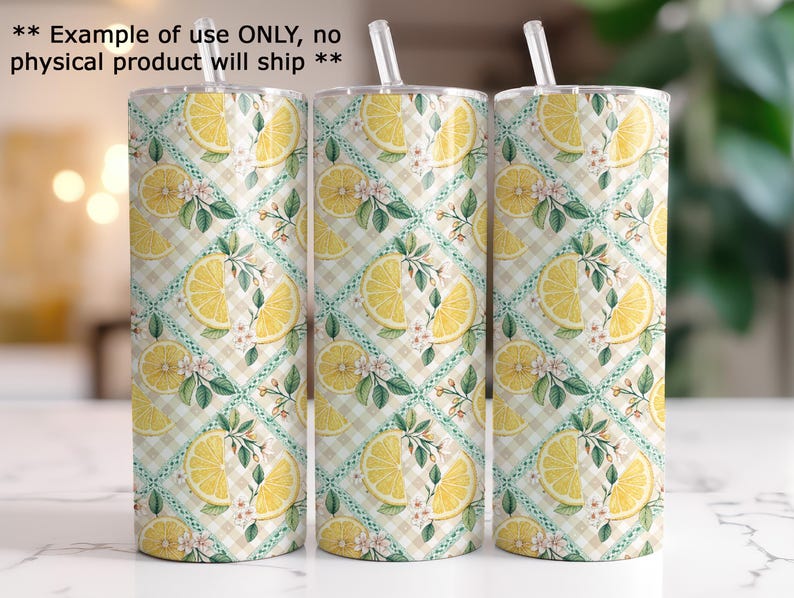 three cylindrical objects with a repeating pattern of yellow lemon slices and green leaves on a white background.