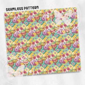 The image is a seamless pattern featuring a repeating design of colorful Easter eggs and flowers on a checkered background.