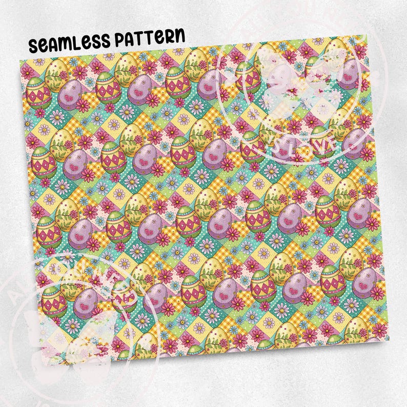 The image is a seamless pattern featuring a repeating design of colorful Easter eggs and flowers on a checkered background.