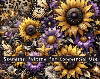Leopard Sunflowers Seamless pattern Flower Seamless Pattern Fabric PNG Repeat Pattern Commercial License Purple Leopard Floral Fabric Design