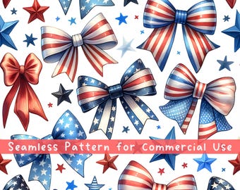 Red White & Blue Bows Seamless Pattern, Patriotic Ribbons Repeat Patten, Cute 4th of July Party Download Seamless File Independence Day