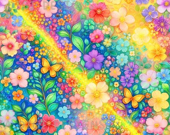 Rainbow Butterfly Floral Seamless Pattern Repeat Fabric Pattern Digital Paper Sublimation Design for Scrapbooking Digital Download PNG