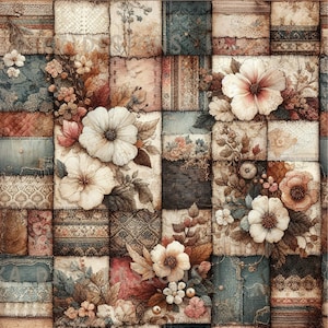 Könnte beinhalten: Ein nahtloses Musterdesign mit einem Patchwork aus floralen und Stofftexturen in gedämpften Tönen von Beige, Blau und Rosa. Große weiße und rosa Blüten sind über das Design verstreut. Der Text "SEAMLESS PATTERN" und "COMMERCIAL USE INCLUDED" werden angezeigt.
