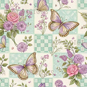 May include: Seamless pattern featuring butterflies, roses, and other floral elements in shades of purple, pink, and green. The design includes the text "SEAMLESS PATTERN" and "COMMERCIAL USE INCLUDED". The background is a patchwork of light green squares.