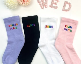 Colorful Wedding Socks Embroidered  Bride Socks Bridesmaid Socks Wifey Socks, Wedding Party Socks Wedding Party Proposal Gift Idea