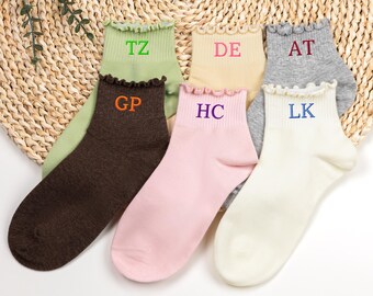 Embroidered Ruffle Socks,Custom Letter Ruffle Cottom socks,Name socks,Wedding Party Socks,Team Gift Socks,Bachelorette Party Gift