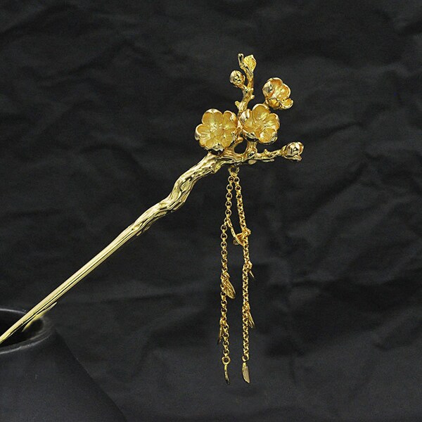 Retro Style Gold Plated Floral Hair Stick, Plum Blossom Hairpin, Tassel Hair Fork, Hanfu Hair Sticks, Chinese Elegant Hair Clip Gift