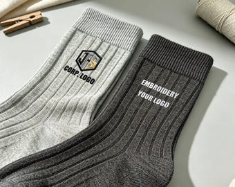 Personalized Embroidered Men's Dress Socks | Custom Logo Ribbed Socks, Business Wedding Groomsmen Gift, Grey Casual Formal Suit Socks