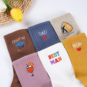 Aangepaste vintage sokken, geborduurde sokken. Katoenen uniseks sokken met gepersonaliseerd tekstlogo, sokken moeder, vader, cadeau feestartikelen, familiecadeau.