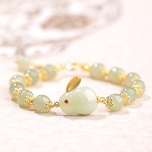 Jade Rabbit Charm Natural Hetian Jade Rabbit Charm Bracelet for Women, Green Jade Beads ...