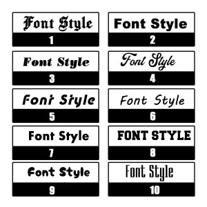 May include: Ten different font styles are displayed in black and white boxes. Each box has a number from 1 to 10. The font styles are all different, including bold, italic, and cursive.