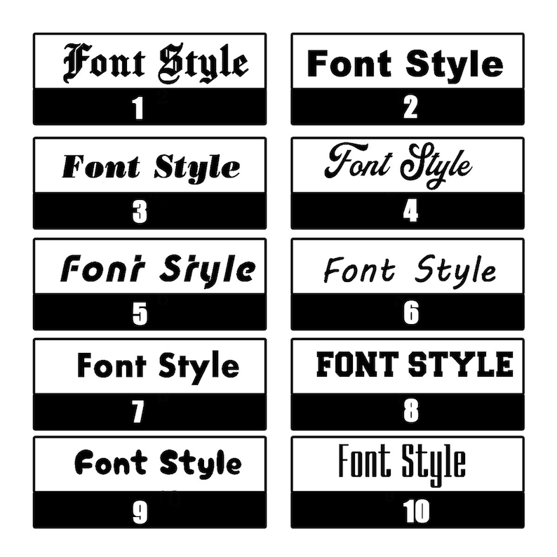May include: Ten different font styles are displayed in black and white boxes. Each box has a number from 1 to 10. The font styles are all different, including bold, italic, and cursive.