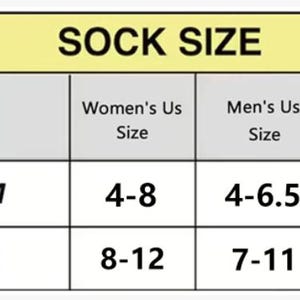 May include: A chart showing sock sizes in women's US, men's US, and European sizes. The chart shows the sizes for medium and large socks.