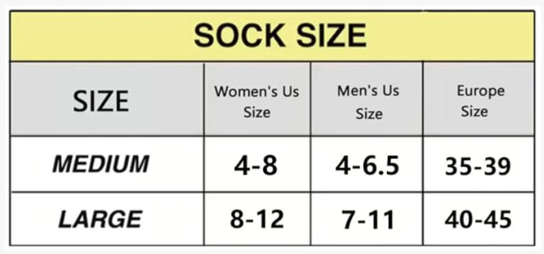 May include: A chart showing sock sizes in women's US, men's US, and European sizes. The chart shows the sizes for medium and large socks.