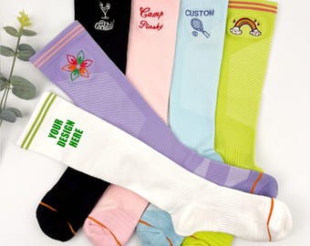 Custom athletic socks,Women knee Socks,Personalised embroidered  Long Socks with your name,text,logo,Team Socks, personalized unique gift.