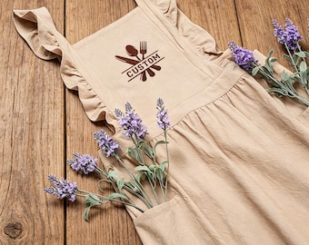 Embroidered Linen apron, Ruffled Apron,Custom Name And Logo Apron,Gardening Apron,Cute Aprons For Womens With Pockets Floral,Gift For Mom.