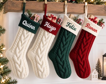 Personalized Christmas Stockings with Custom Names, Cable Knit Family Stockings, Red Green Ivory Holiday Stocking, Christmas Mantel Decor