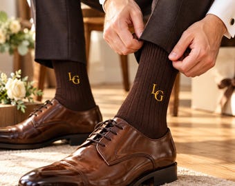Custom Embroidered Monogram Socks, Mens Ribbed Dress Socks, Groomsmen Wedding Favor, Personalized Initial Gift for Him