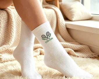Custom Name Tennis Socks,Personalized Embroidered Socks,Embroidered Logo Socks,Tennis Racket Design,Gift for Tennis Player,Black Crew Socks.