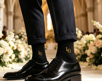 Custom Letter Embroidered Mens Crew Socks, Ribbed Cotton Formal Dress Socks, Personalized Initial Logo Business Suit Socks, Gift for Men