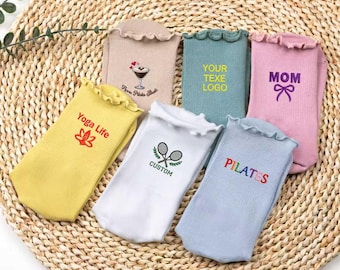 Custom Text Ruffle Yoga Socks, Personalized Grip Pilates Socks,with your name,text,logo,Cotton Embroidered Women Socks,Birthday gift.