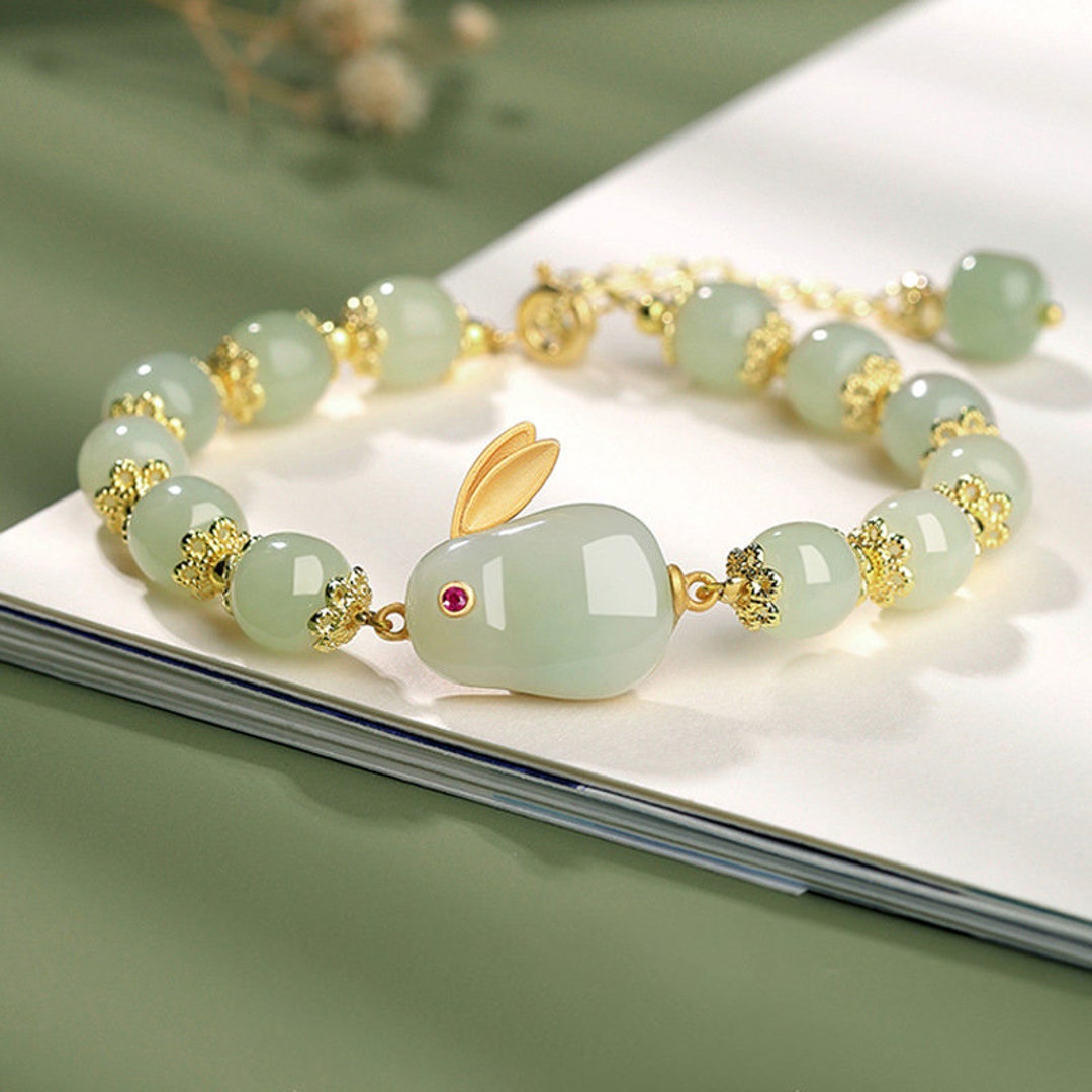 Natural Hetian Jade Rabbit Charm Bracelet for Women, Green Jade Beads ...