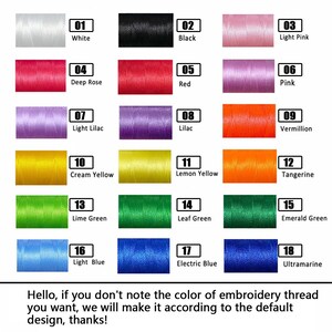 May include: A chart of 18 embroidery thread colours with corresponding numbers and names. The colours include white, black, light pink, deep rose, red, pink, light lilac, lilac, vermillion, cream yellow, lemon yellow, tangerine, lime green, leaf green, emerald green, light blue, electric blue, and ultramarine.