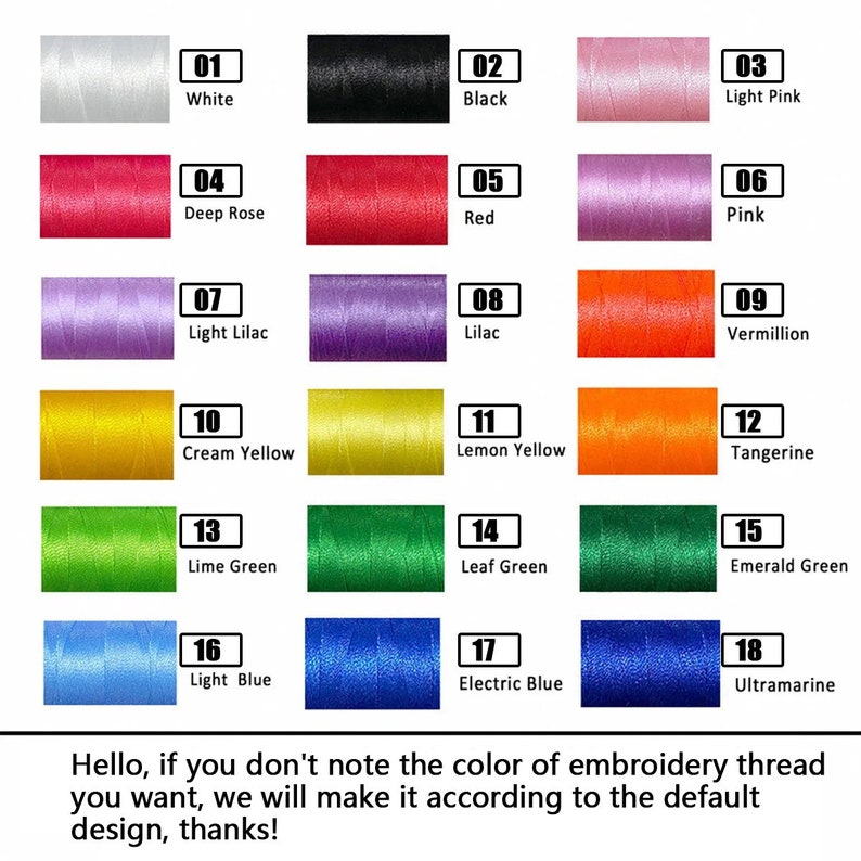May include: A chart of 18 embroidery thread colours with corresponding numbers and names. The colours include white, black, light pink, deep rose, red, pink, light lilac, lilac, vermillion, cream yellow, lemon yellow, tangerine, lime green, leaf green, emerald green, light blue, electric blue, and ultramarine.